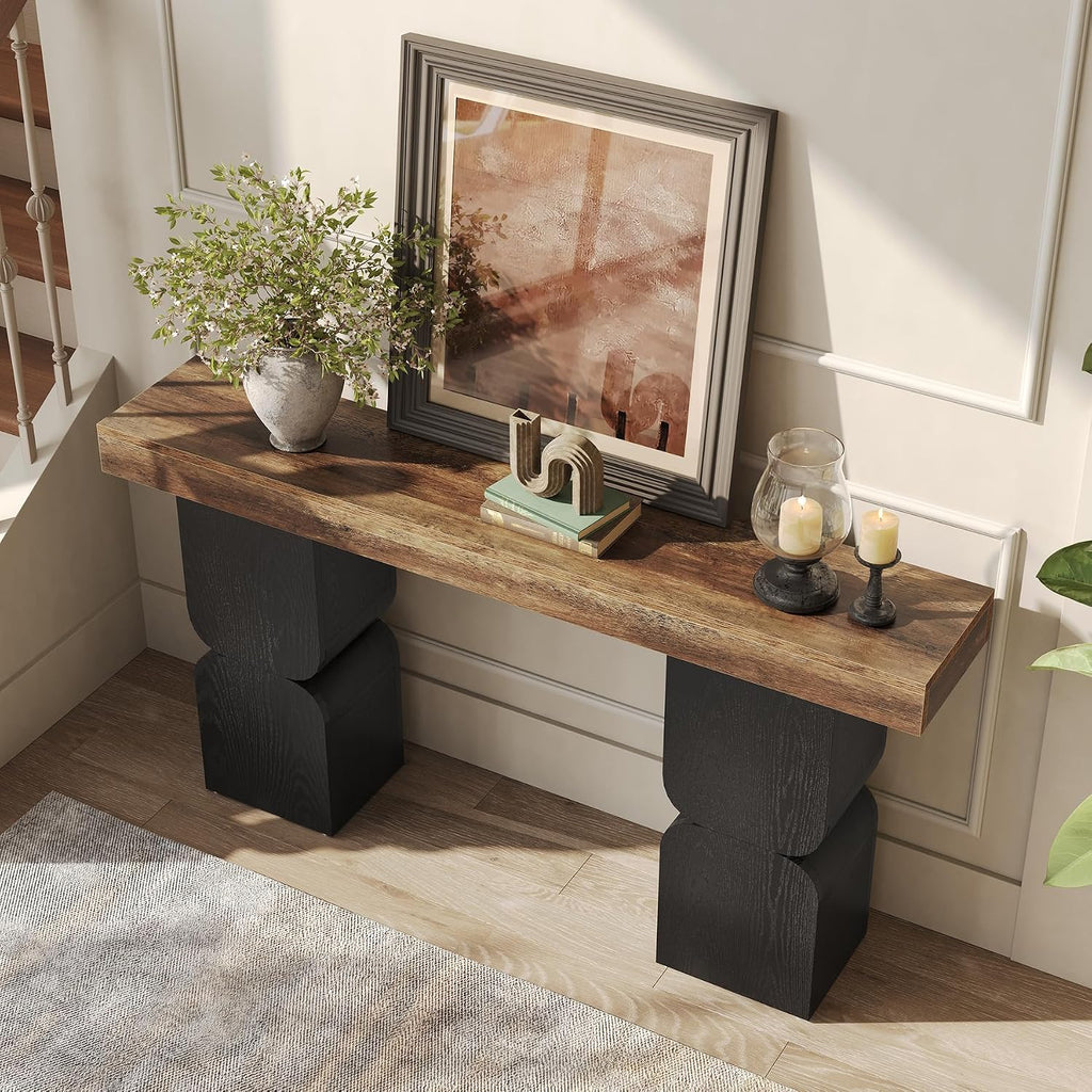 63-Inch Console Table, Heavy-Duty Look, Behind Couch Sofa Table, Color Blocking Design, Bold Structural Presence, Modern Entryway Furniture for Living Room, Hallway, Foyer, Brown + Black