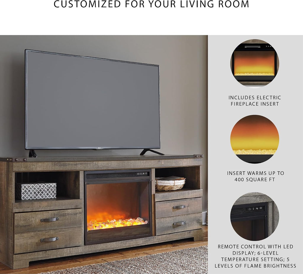 Signature Design by Ashley Trinell 63' TV Stand with Electric Fireplace, Rustic Wood Look Media Console with LED Flame Insert, Storage Drawers and Remote‑Controlled Heat for Warmth