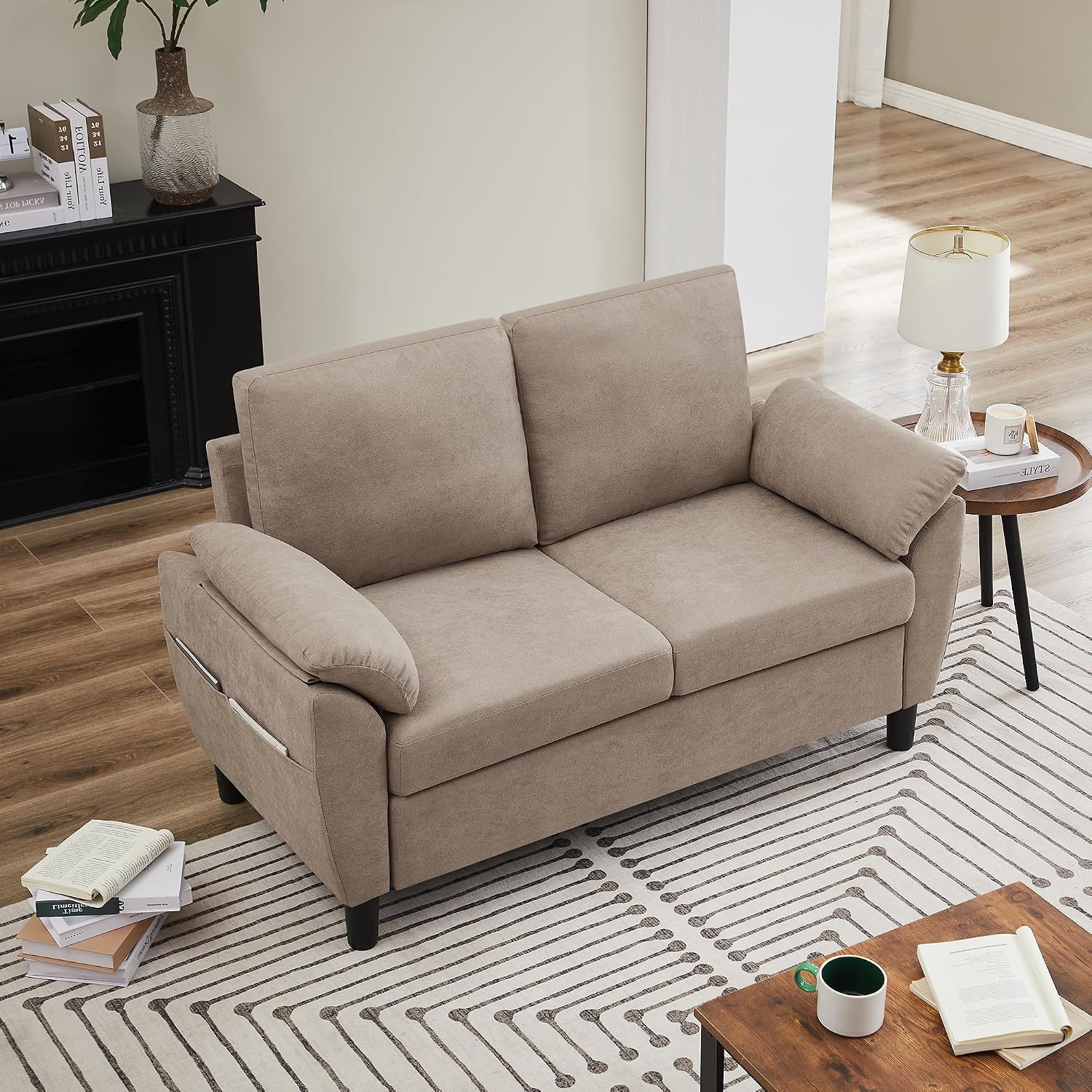 Loveseat Sofa, 57' Love Seat, Comfy Small Loveseat, Small Couch for Bedroom, Linen Fabric Couches for Living Room, Bedroom, Beige