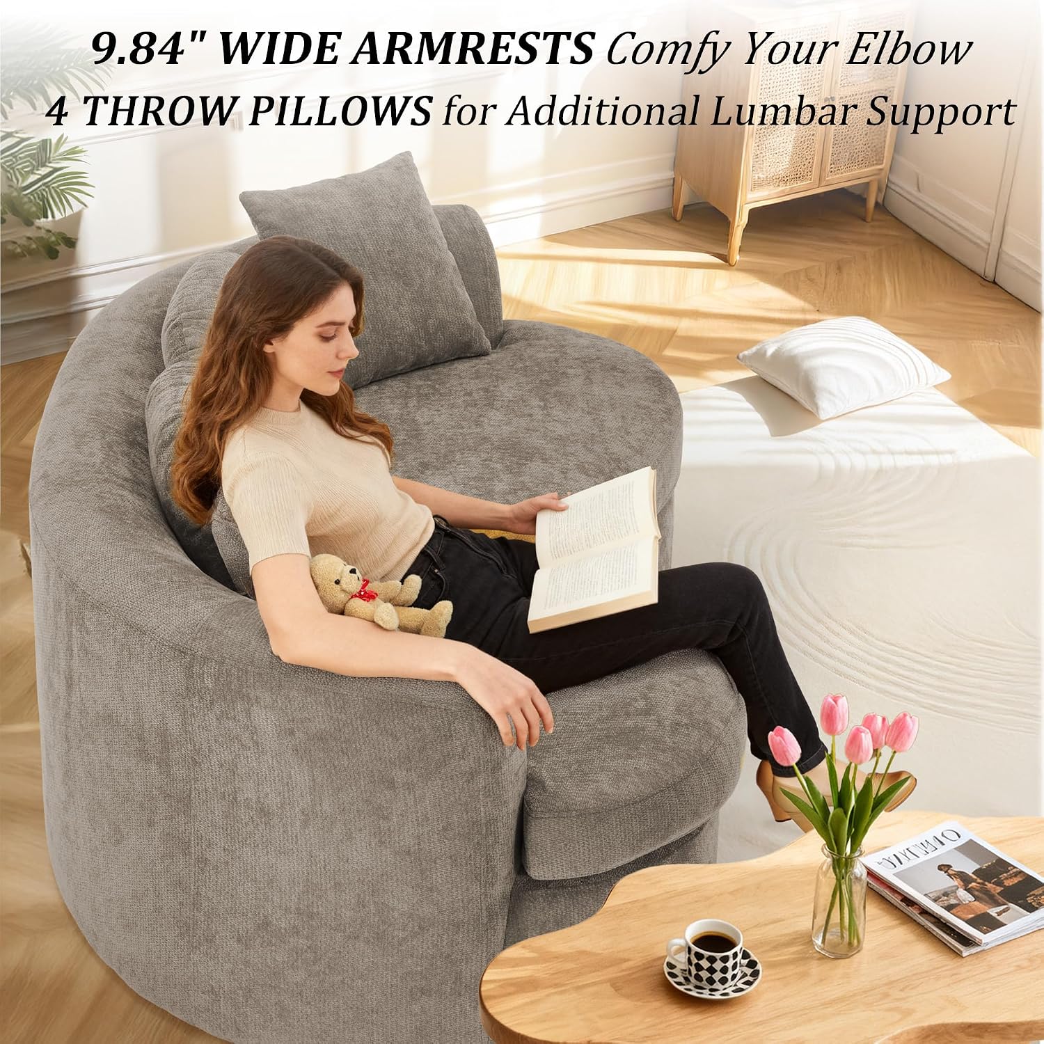 95' Modern Curved Sofa, Chenille Fabric Comfy Cloud Couch, No Assembly Required Half Moon Couch with Deep Seat, 4 Pillows for Living Room, Apartment, Bedroom