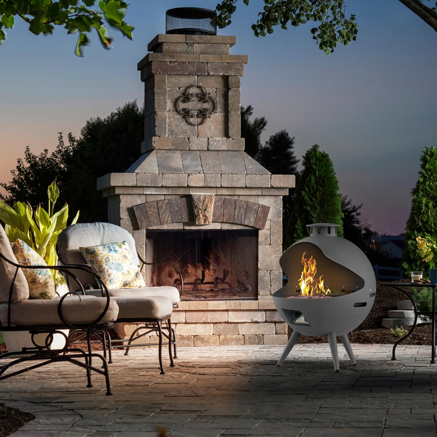 24-Inch Chimenea Outdoor Gas Fireplace, 55,000 BTU Propane Fire Pit with Lava Rocks and Rain Cover, Hemispherical 3-Legged Firepit, Gray