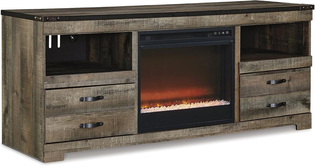 Signature Design by Ashley Trinell 63' TV Stand with Electric Fireplace, Rustic Wood Look Media Console with LED Flame Insert, Storage Drawers and Remote‑Controlled Heat for Warmth