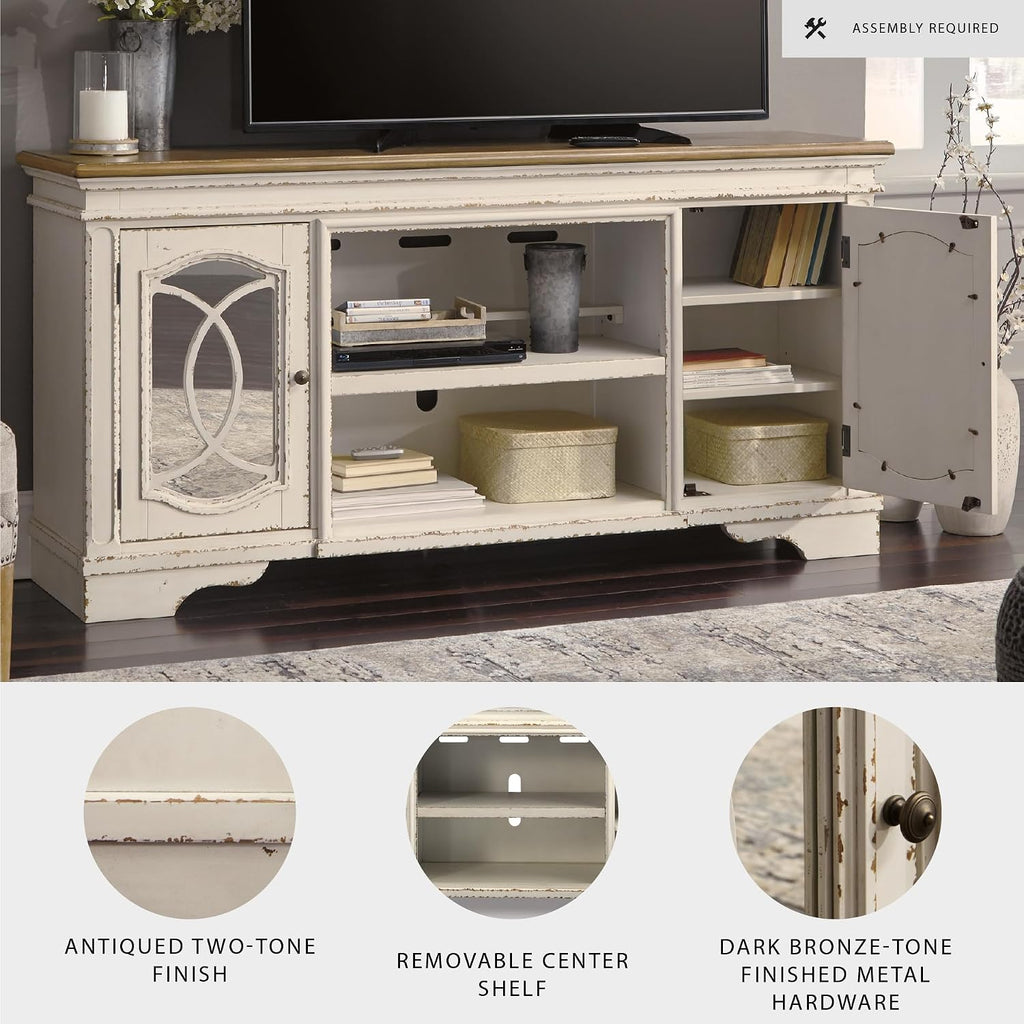 Signature Design by Ashley Realyn Farmhouse TV Stand with Fireplace Option Fits TVs up to 72', 2 Cabinet Doors and Adjustable Storage Shelf, White & Rustic Brown