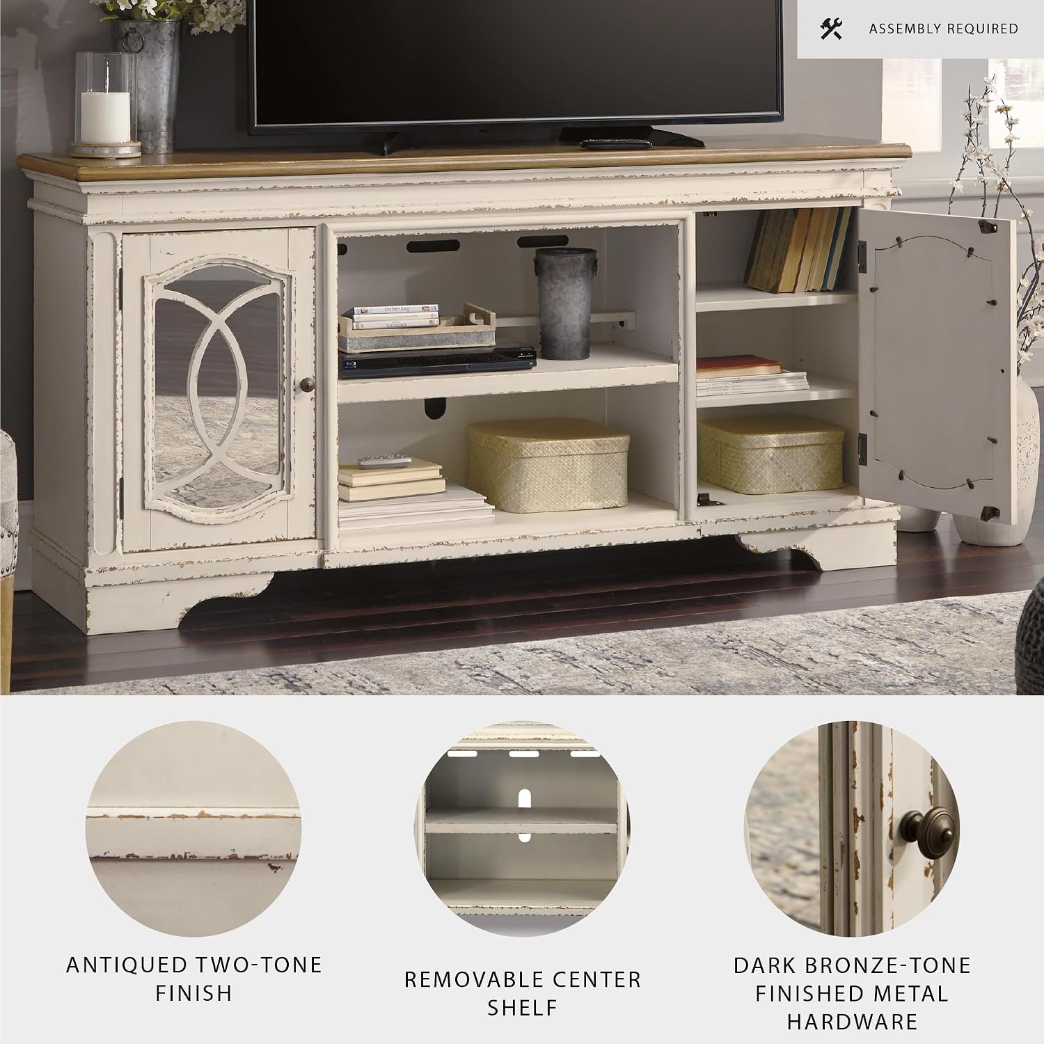 Signature Design by Ashley Realyn Farmhouse TV Stand with Fireplace Option Fits TVs up to 72', 2 Cabinet Doors and Adjustable Storage Shelf, White & Rustic Brown