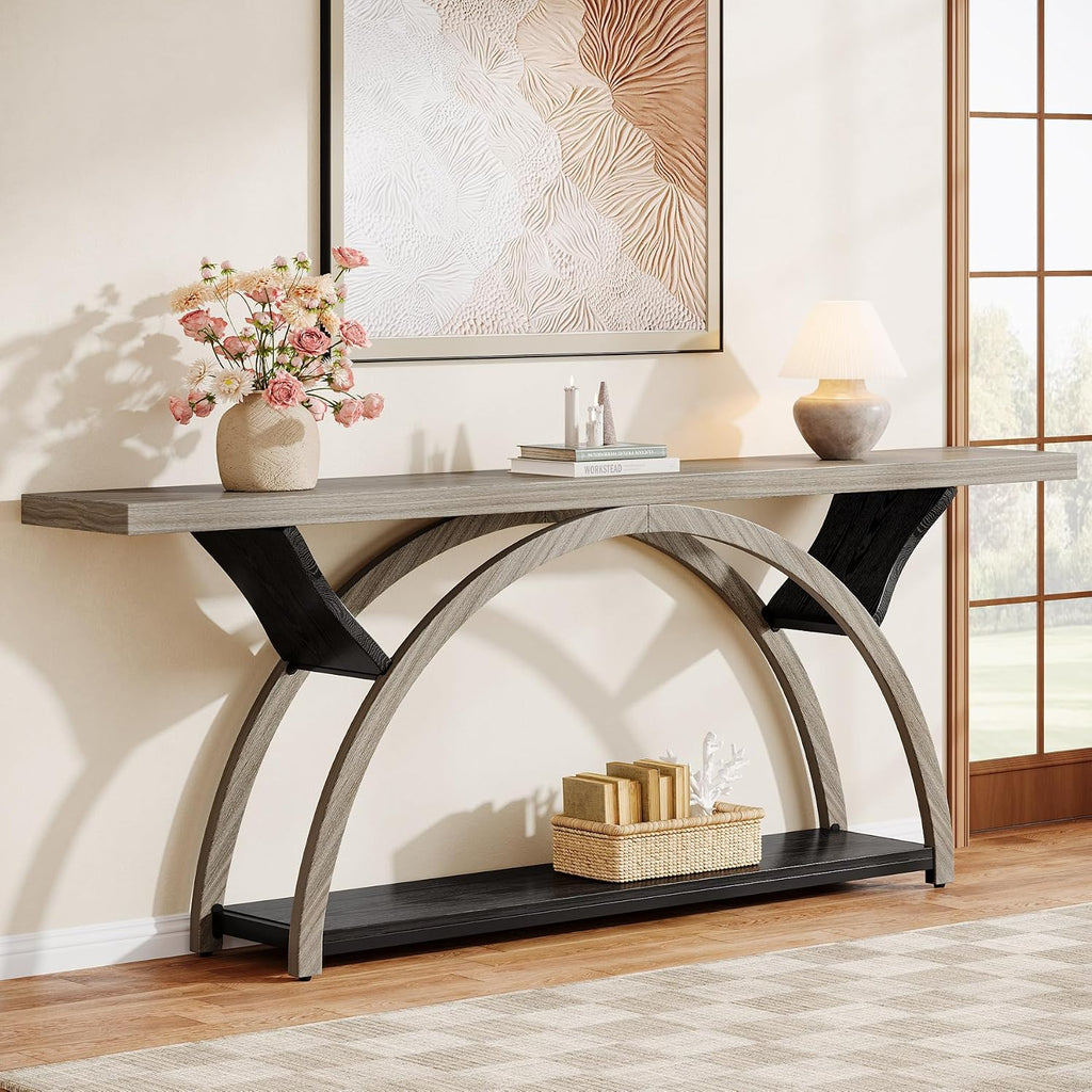 Tribesigns 70.87' Console Table, Industrial Sofa Table Behind Couch with 2 Tiers of Storage Shelves for Living Room, Hallway, Entrance, Foyer (Gray & Black)