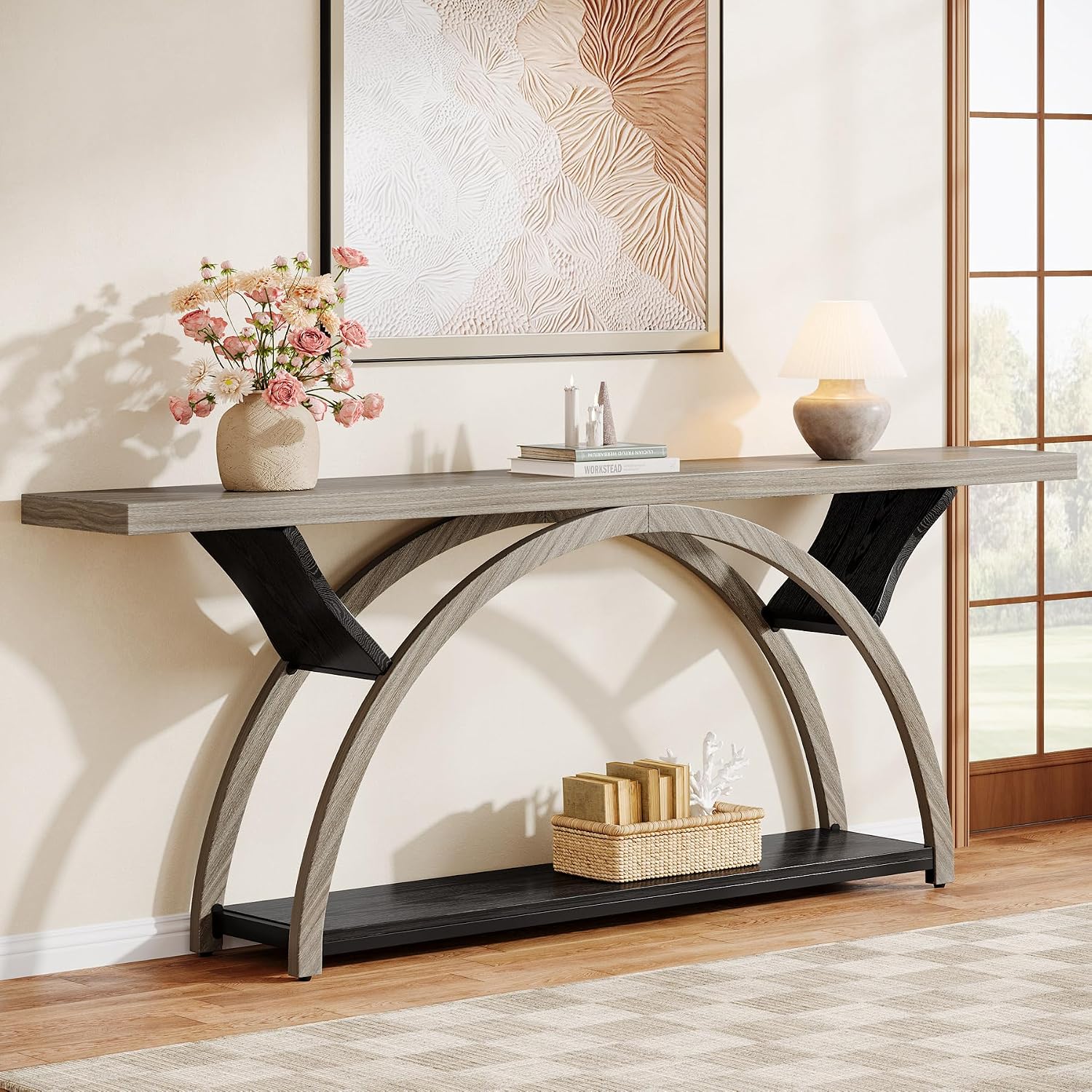 Tribesigns 70.87' Console Table, Industrial Sofa Table Behind Couch with 2 Tiers of Storage Shelves for Living Room, Hallway, Entrance, Foyer (Gray & Black)