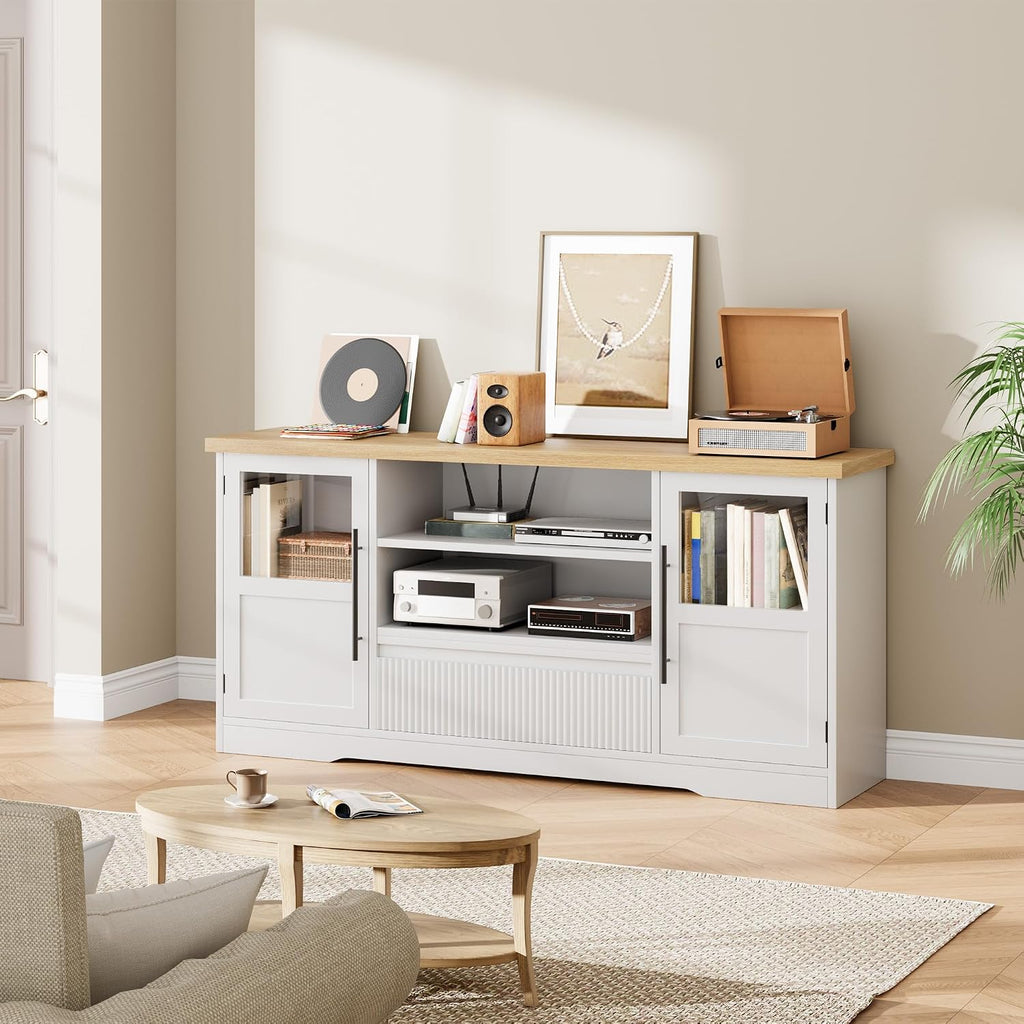 Garvee 63 in Farmhouse TV Stand for TVs Up to 72 in, Wave Pattern Entertainment Center with 2 Glass Door Cabinets & 2 Open Shelves, Sturdy Wood Media Console for Living Room, White & Natural