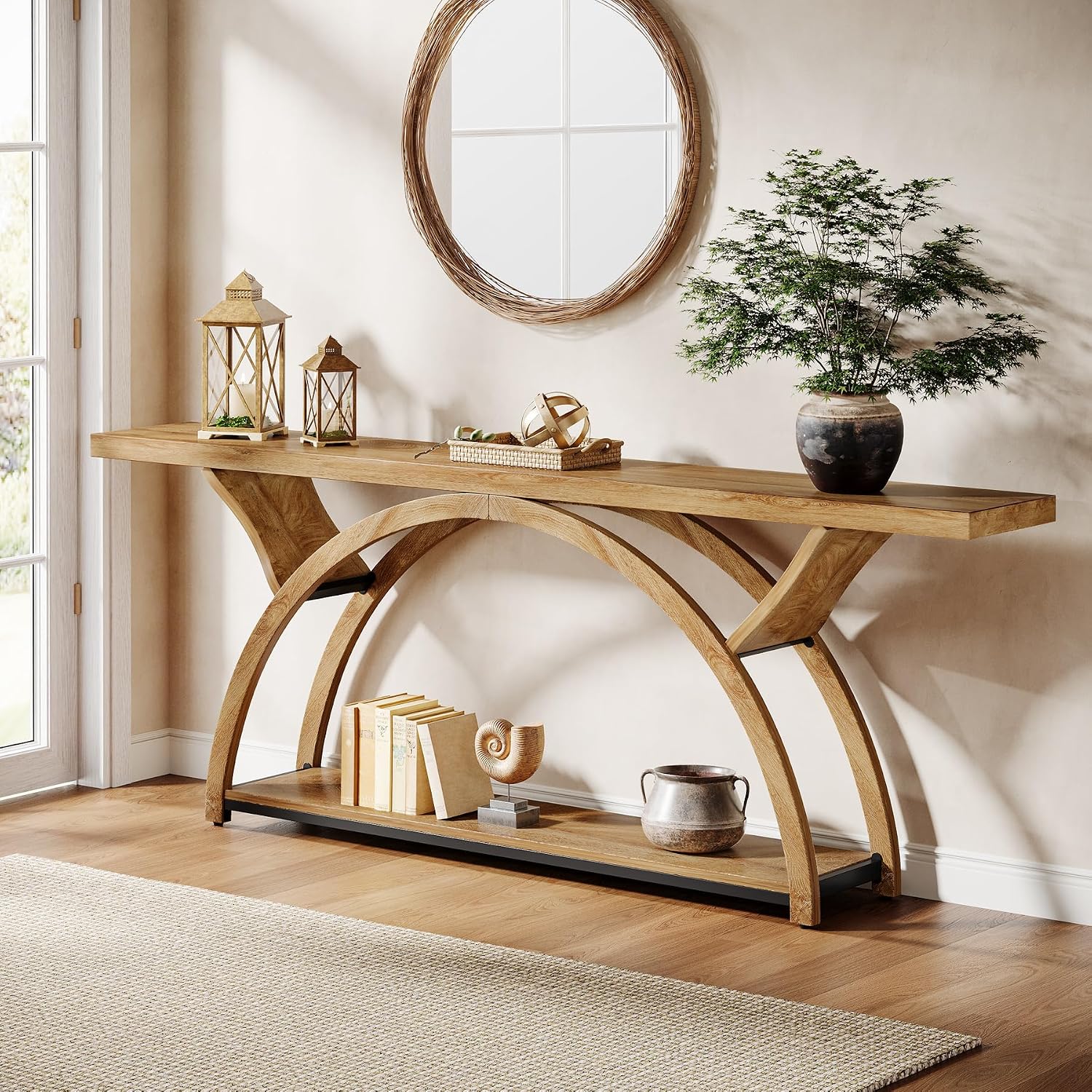 Tribesigns 70.87' Console Table, Industrial Sofa Table Behind Couch with 2 Tiers of Storage Shelves for Living Room, Hallway, Entrance, Foyer (Light Brown)