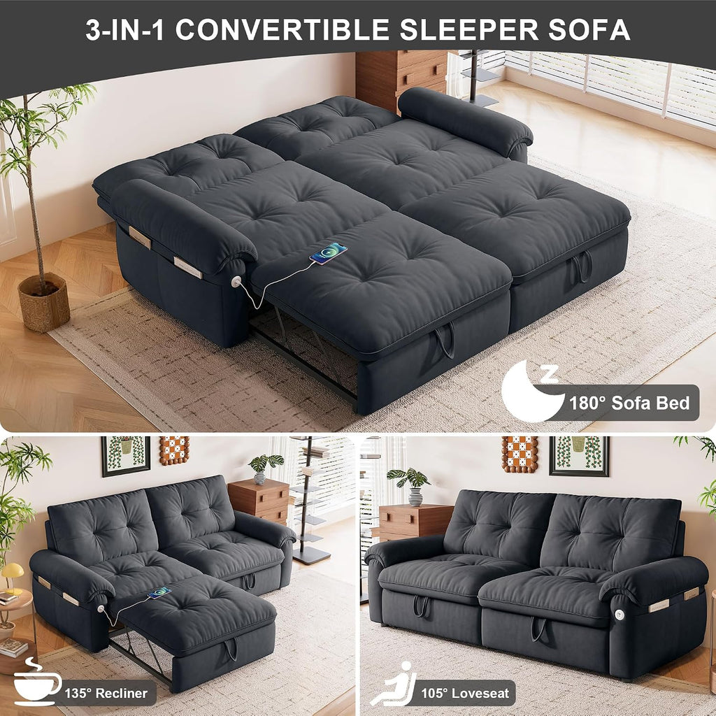 MAKIAAP Sleeper Sofa Bed, Queen Size Sofa Bed, Convertible Pull Out Couch with Adjustable Backrest, USB Port and Side Pockets, Modern 2 Seater Small Couches for Living Room, Space-Saving