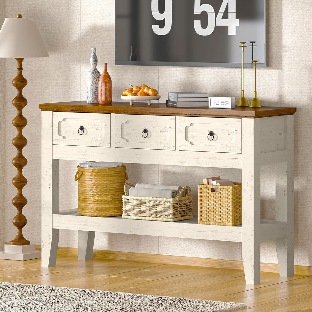 IDEALHOUSE 47in Long Console Table, Farmhouse Narrow Entryway Sofa Table with Drawers and Bottom Shel for Living Room Entrance Foyer, Rustic White