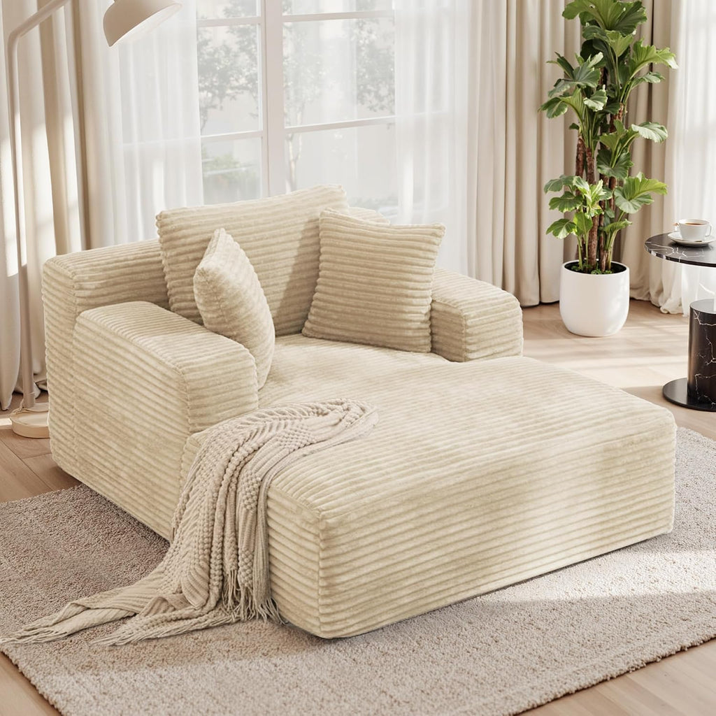 51'' Oversized Chaise Lounge Chair Indoor, Non-Assembly Deep Seat Sofa Bed Corduroy Sleeper Cloud Boneless Couch with 2pcs Pillows for Reading Living Room-Khaki