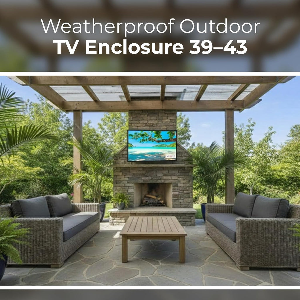 Apollo Enclosures 43 Inch Outdoor TV Enclosure Weatherproof for 39–43 Inch TVs - Direct Sun Outdoor TV Protector with Anti-Glare Safety Glass - Front-Cover Airflow for Direct Sun Protection
