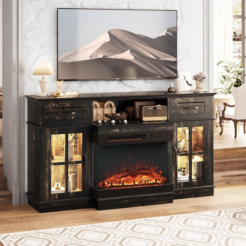 Fireplace TV Stand for 55–65 Inch TVs, 3-Sided Electric Fireplace with LED Light Strip, Glass Doors, Storage Drawers & Open Shelf, Entertainment Center, Dark Rustic Oak