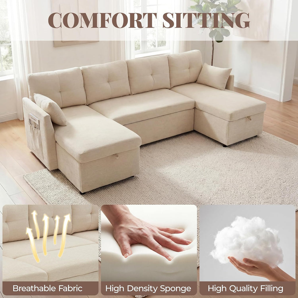 Huatean Home Oversized Sleeper Sofa Couch, 100 inch 2 in 1 Pullout Couch Bed with Side Pockets for Living Room, Sectional Sleeper Sofa Bed with Double Storage Chaise, Beige