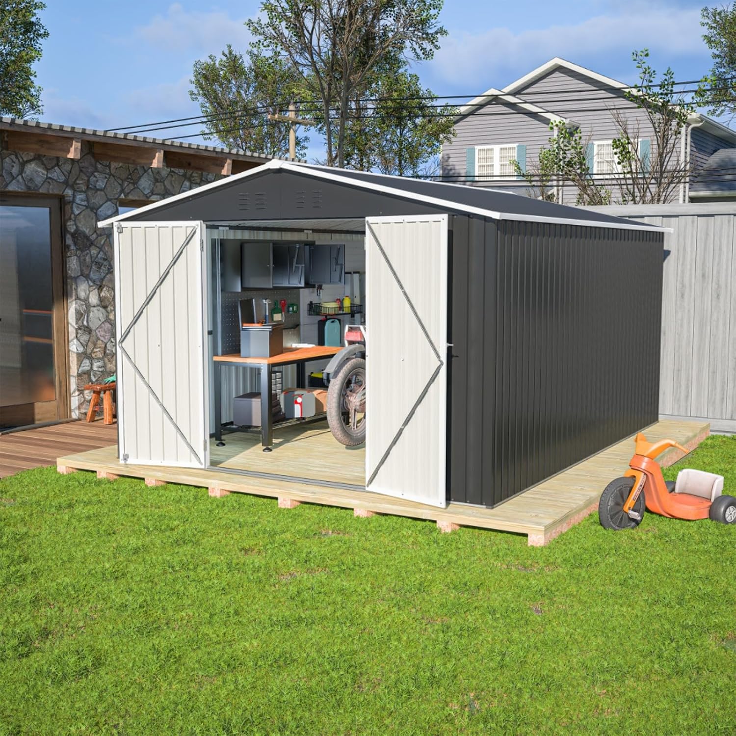 Outdoor Storage Shed 10x12 FT, Metal Tool Shed with Lockable Doors & Reinforced Frame, Large Waterproof Garden Shed for Backyard, Lawn Mower, Patio Furniture - Includes Padlock & Gloves, Black