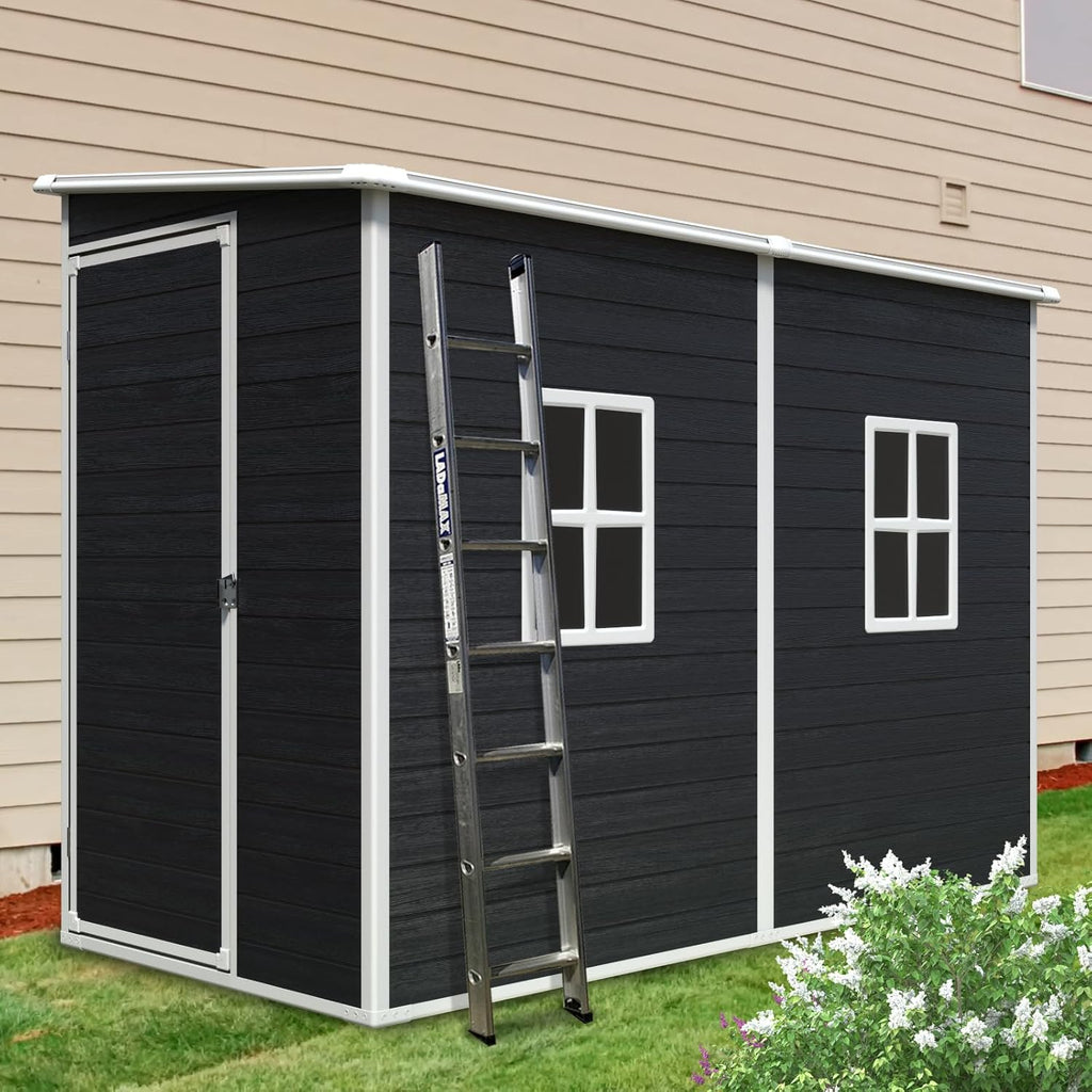 JT 4 x 8 FT Resin Storage Shed, Waterproof Garden Shed with Floor, 2 Windows, Lockable Door and Vent, Outdoor Sheds for Backyard,Tools and Lawn Mower (Black)