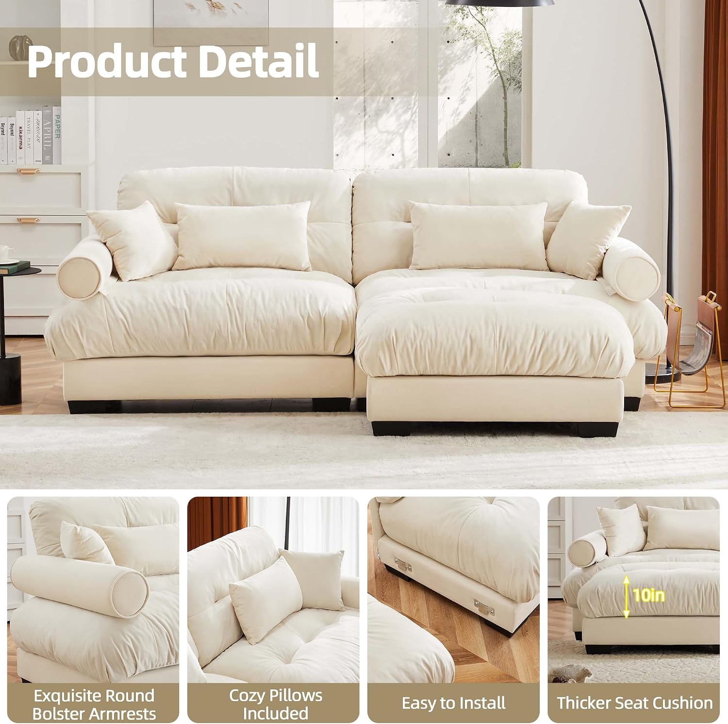 93.7' Loveseat Sofa Modular Sectional Sofa, 2 Seater Modern Cloud L Shaped Couch, Oversized Sectional Couches for Living Room, Comfy Velvet Sofas Deep Seat Couch with 4 Pillows, Cream
