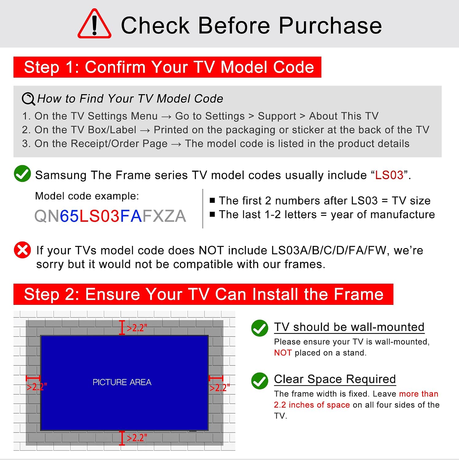 Black TV frame 43' (Gilded Noir, 43-LS03) - Compatible ONLY with Samsung The Frame TV and Pro TVs (Fits 2021-2026, LS03A, LS03B,LS03C,LS03D,LS03FA,LS03FW)