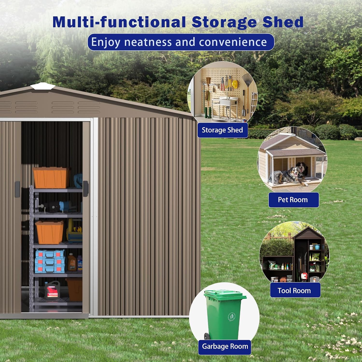 ALAULM 8'x6' Outdoor Storage Shed Outdoor Galvanized Metal Tool Shed with Vents & Sliding Door, Waterproof Garden Shed for Patio,Lawn,Backyard to Store Bikes,Tools,Brown
