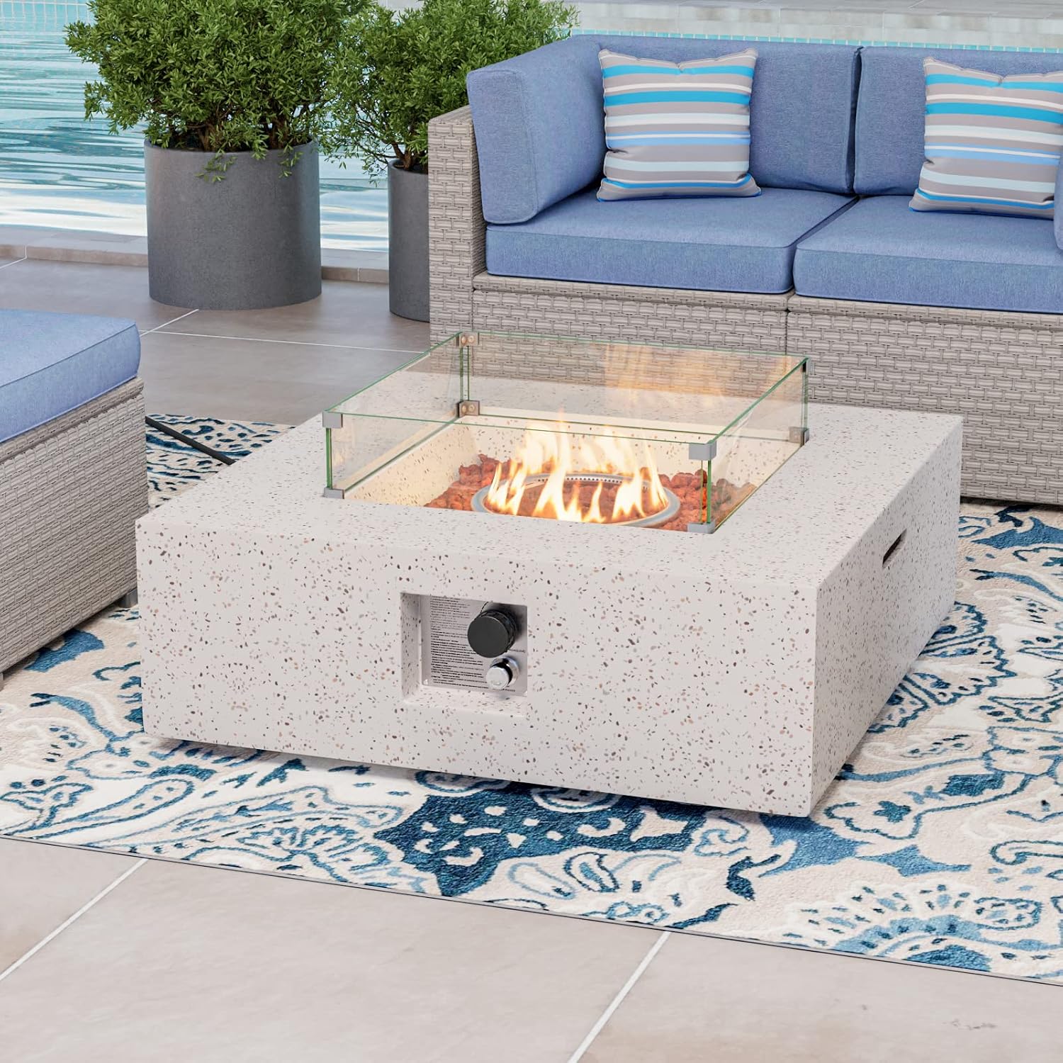 COSIEST Square Outdoor Sandstone Propane Fire Pit w Wind Guard, Certified, 50,000 BTU Stainless Steel Burner, 35-inch, Free Lava Rocks and Rain Cover, Tank Outside, Metal Lid