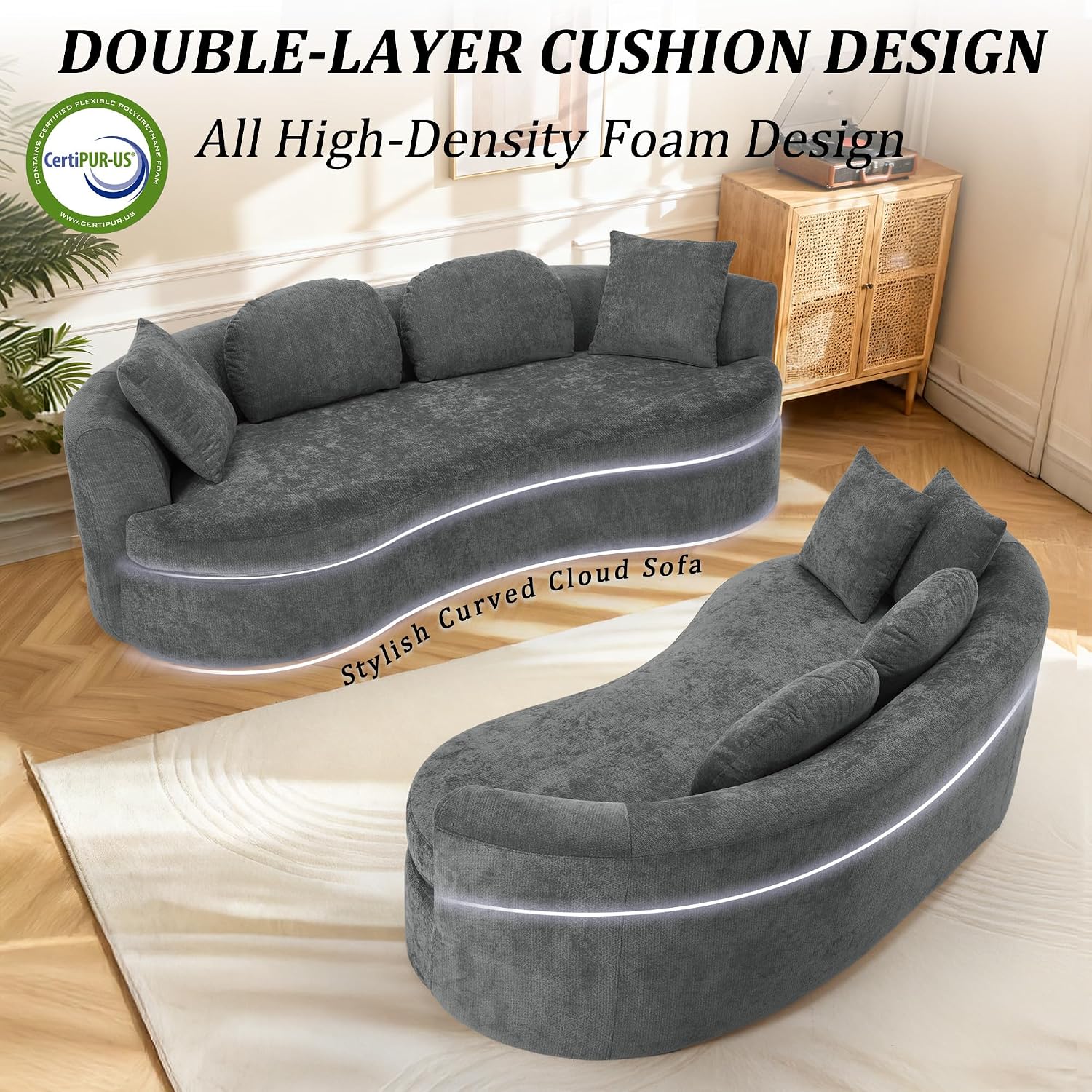 95' Modern Curved Sofa, Chenille Fabric Comfy Cloud Couch, No Assembly Required Half Moon Couch with Deep Seat, 4 Pillows for Living Room, Apartment, Bedroom