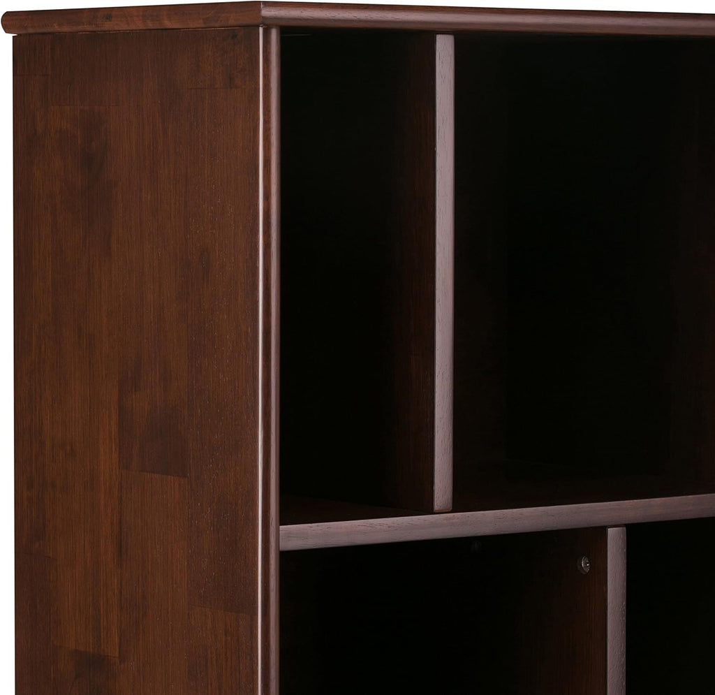 SIMPLIHOME Draper Bookcase - 64 inch Tall Solid Wood Storage Bookshelf in Medium Auburn Brown, Mid-Century Modern Storage for Living Room, Study or Office with Adjustable Shelves and Angled Legs