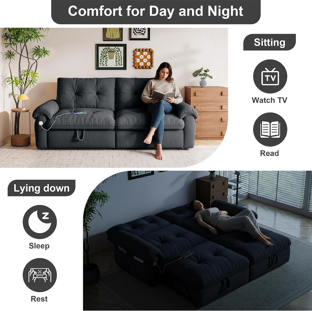 MAKIAAP Sleeper Sofa Bed, Queen Size Sofa Bed, Convertible Pull Out Couch with Adjustable Backrest, USB Port and Side Pockets, Modern 2 Seater Small Couches for Living Room, Space-Saving