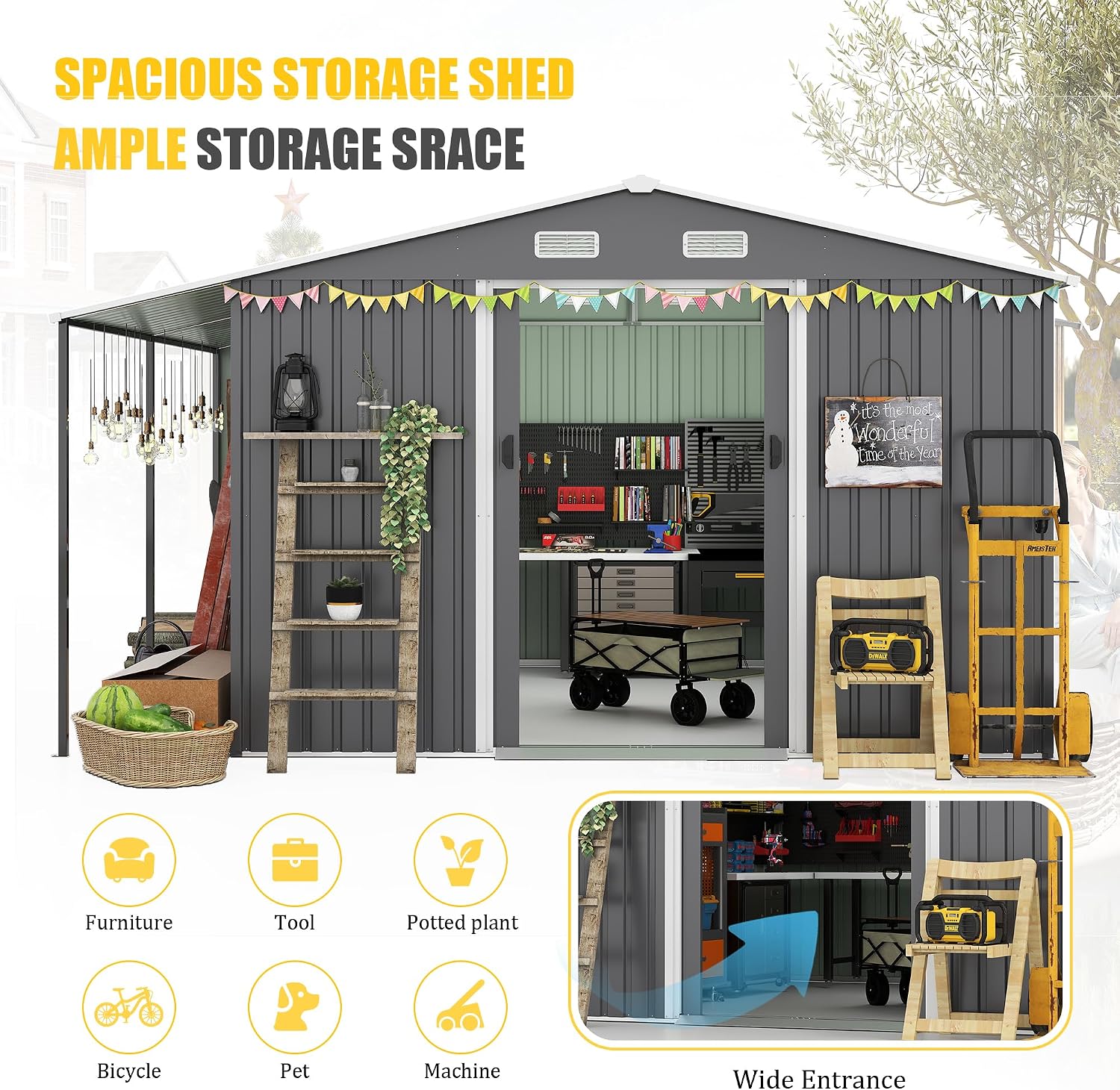 KEIKI 10x12 FTOutdoor Storage Shed, Extra Large Metal Shed with Lockable Doors, Windows, Outside Steel Tiny House Ideal for Garden, Backyard, Patio Utility, Tool Storage, Chicken Coops, Dark Gray