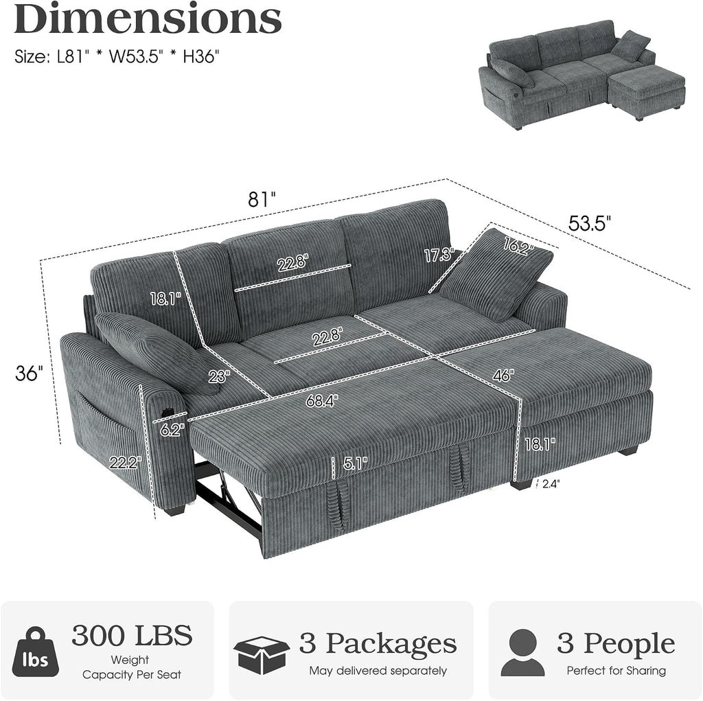 Ihanherry 81-inch Corduroy Modular Sectional Sofa Bed with Storage Ottoman & USB Port, Reversible 3-Seater L-Shaped Sleeper Sofa, Left or Right Fasing Chaise for Living Room（Gray）