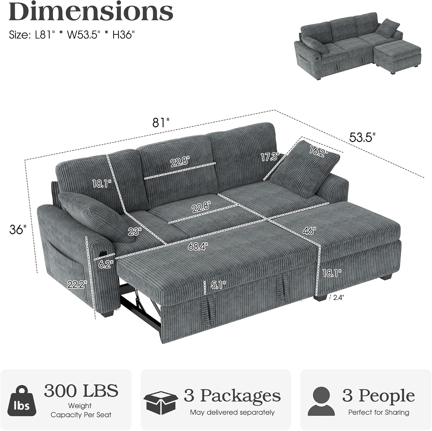 Ihanherry 81-inch Corduroy Modular Sectional Sofa Bed with Storage Ottoman & USB Port, Reversible 3-Seater L-Shaped Sleeper Sofa, Left or Right Fasing Chaise for Living Room（Gray）