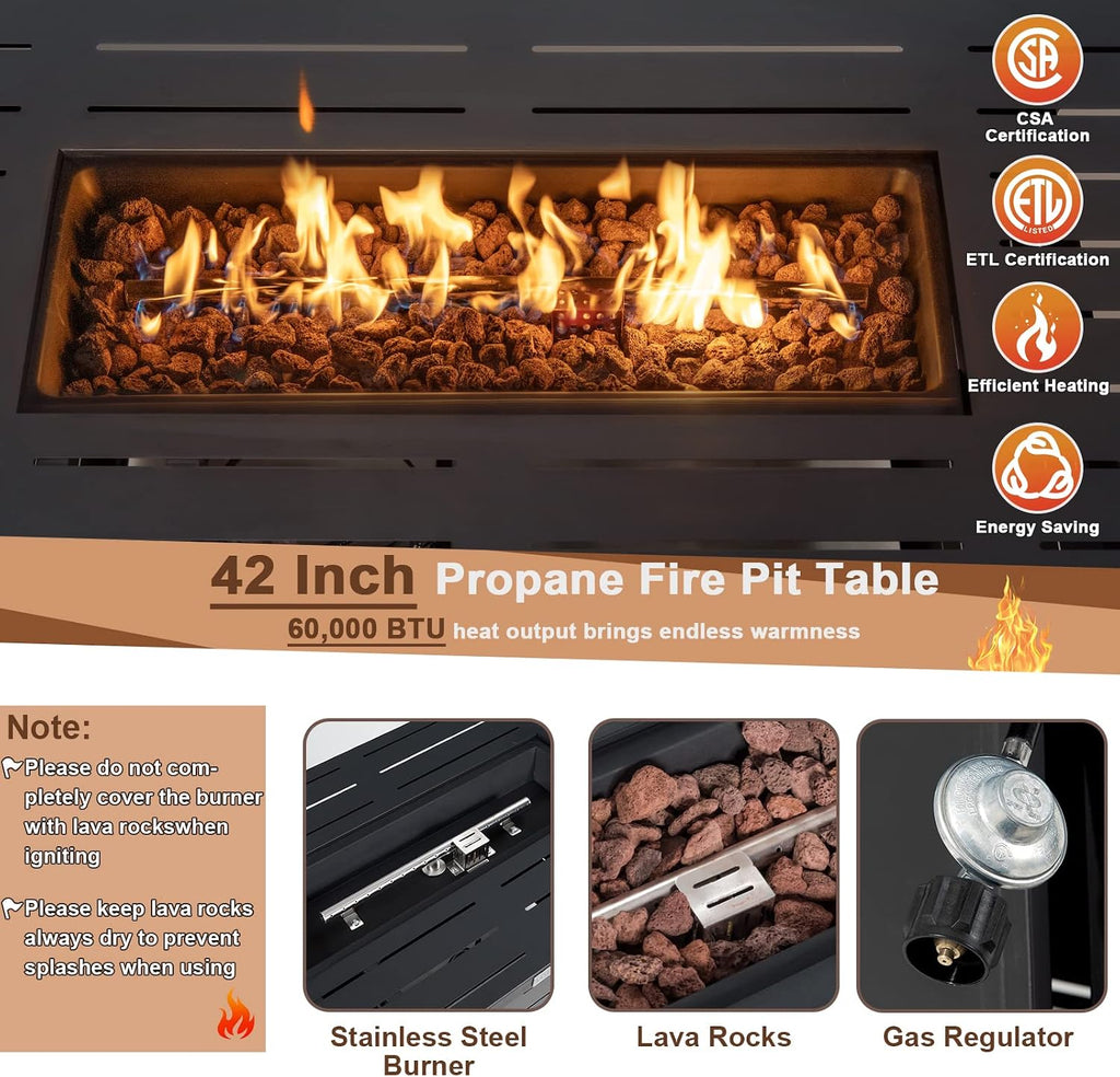 Tangkula Outdoor 60,000 BTU Fire Pit Table, Patiojoy 42 Inch Rectangular Propane Gas Fire Table with Solid Steel Frame, Electric Ignition, Includes Lava Rocks & Protective Cover for Poolside, Backyard