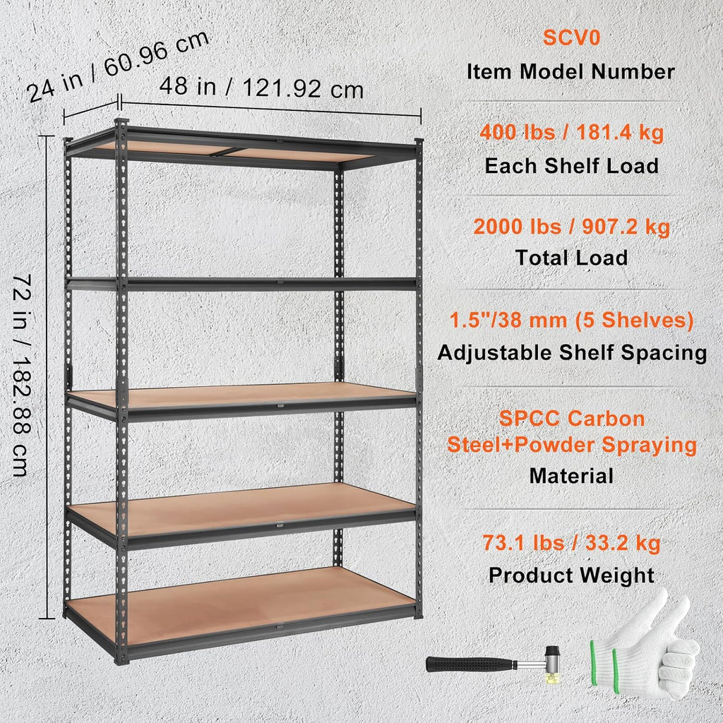 VEVOR Storage Shelving Unit, 5-Tier Adjustable Storage Shelves, 48' L x 24' W x 72' H Heavy Duty Garage Storage Shelves, Metal Shelves for Kitchen Pantry Basement Bathroom Laundry