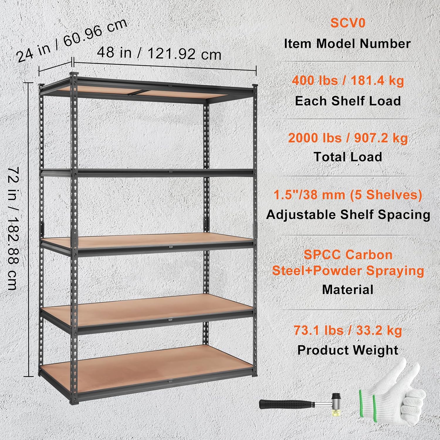 VEVOR Storage Shelving Unit, 5-Tier Adjustable Storage Shelves, 48' L x 24' W x 72' H Heavy Duty Garage Storage Shelves, Metal Shelves for Kitchen Pantry Basement Bathroom Laundry