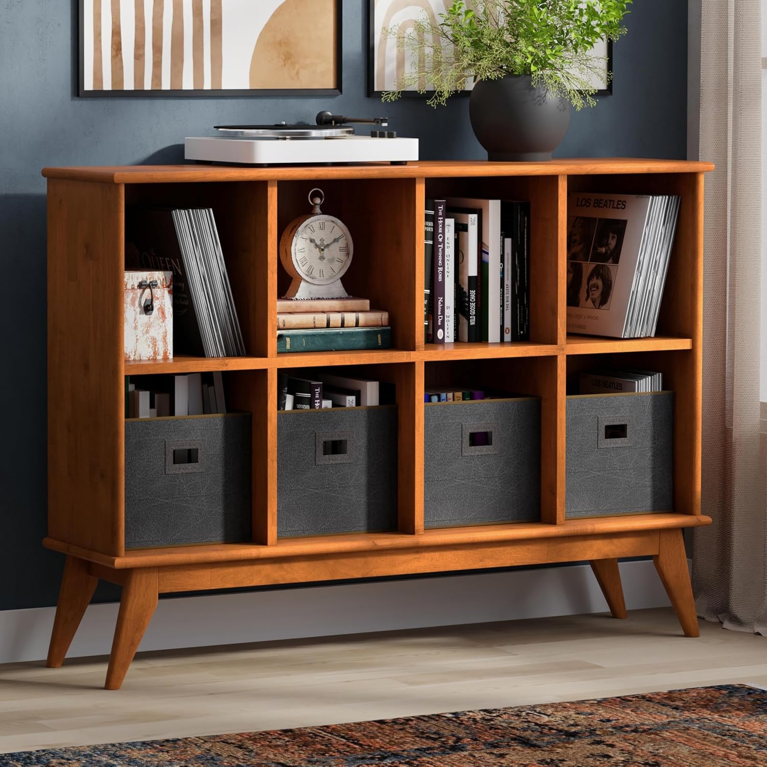 SIMPLIHOME Draper Console Table - 57 Inch Wide Solid Hardwood 8-Cube Sofa Table in Teak Brown, Mid-Century Modern Bookcase for Entryway or Living Room with 8 Open Storage Cubbies and Tapered Legs