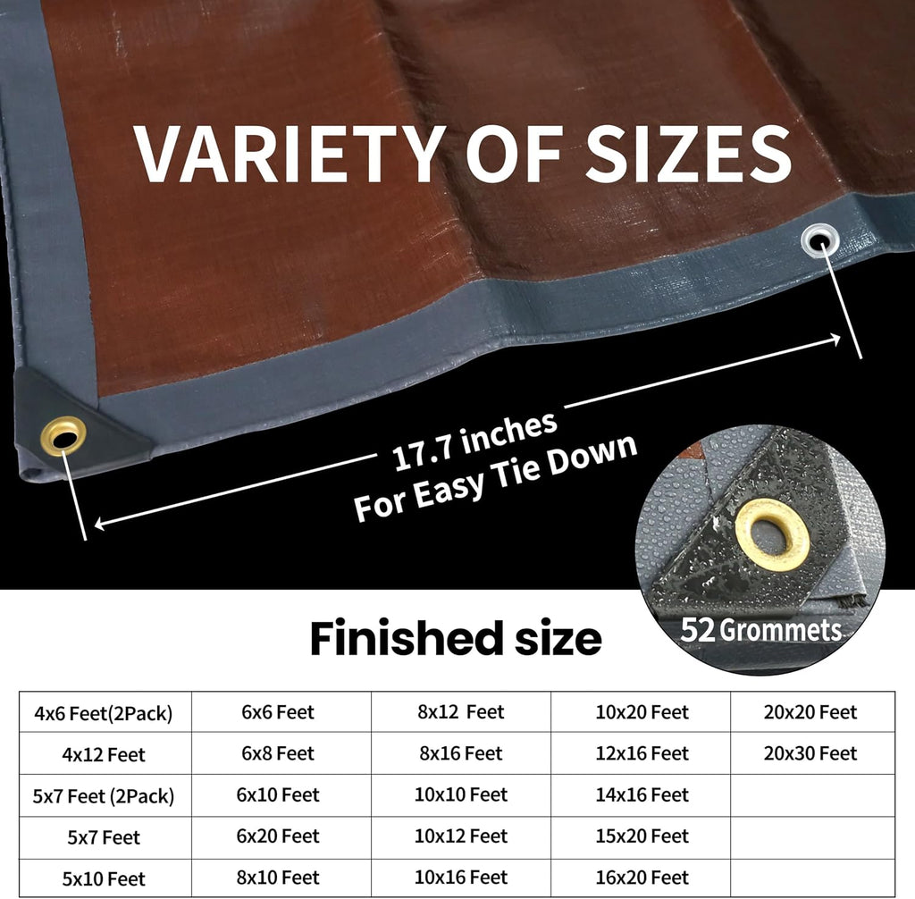 TARPAL tarp 20x20 Feet Super Heavy Duty Tarps Cover 20mil Waterproof UV Protection Rip and Tear Proof Tarpaulin with Grommets(Grey/Brown)