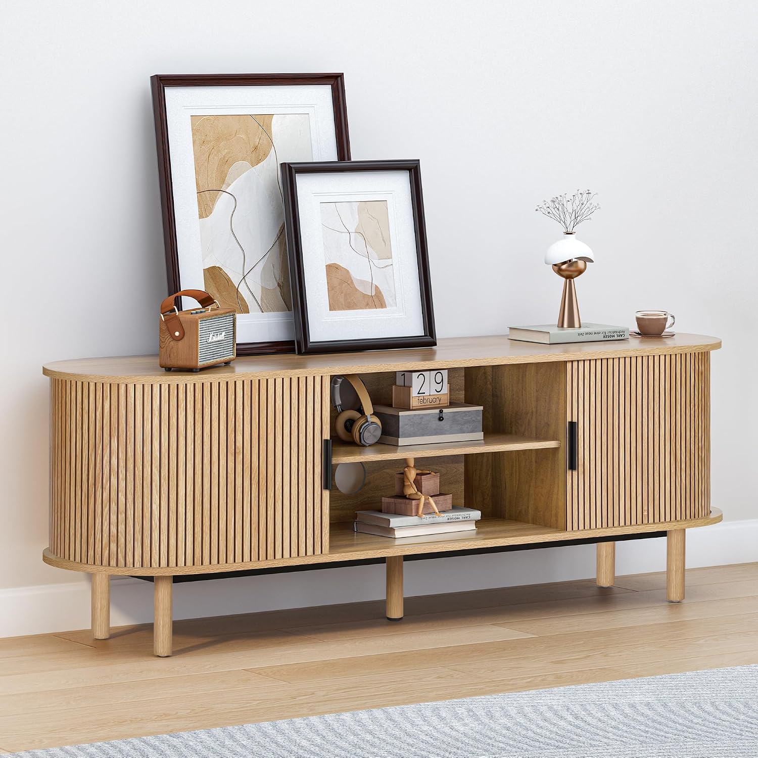 Janmer Home 54' Fluted TV Stand with Storage, Mid Century Modern TV Console with Tambour Sliding Doors, Curved Entertainment Center, Media Console for Living Room, Bedroom (Natural)