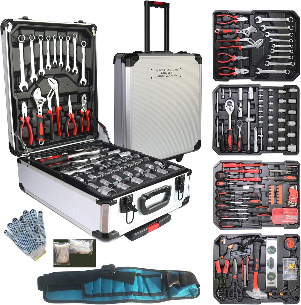 Tool Sets for Men, Tool Kit with Rolling, Complete Household Tool Set, Aluminum Trolley Case Tool Set,Tool kit as Gift on Father's Day