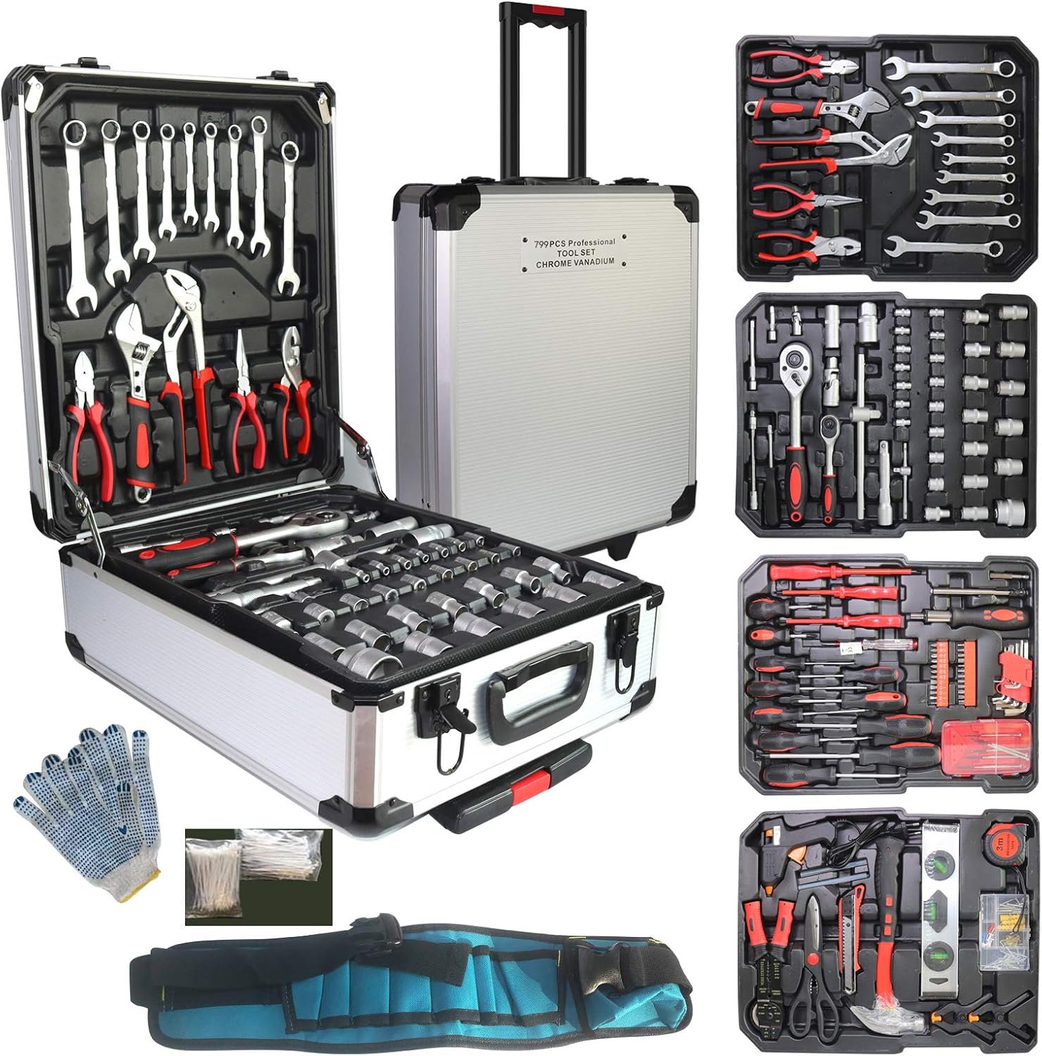 Tool Sets for Men, Tool Kit with Rolling, Complete Household Tool Set, Aluminum Trolley Case Tool Set,Tool kit as Gift on Father's Day