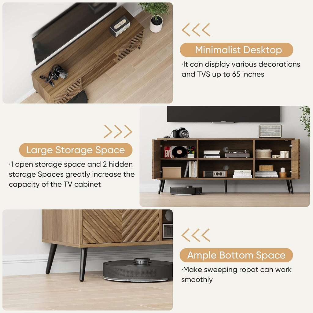 Smuxee Walnut TV Stand with Fluted Diamond Doors, 55.12' Mid Century Modern TV Media Console for TVs up to 65', TV Cabinet with Adjustable Shelf & 2 Cabinets for Living Room