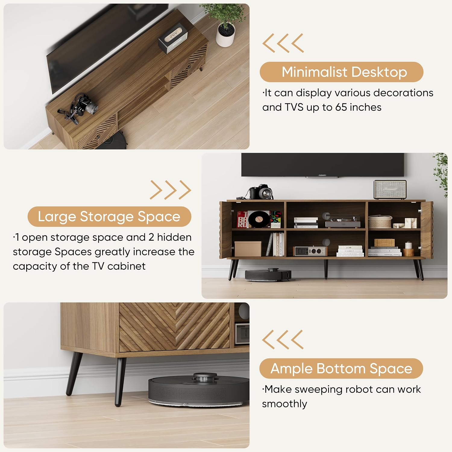 Smuxee Walnut TV Stand with Fluted Diamond Doors, 55.12' Mid Century Modern TV Media Console for TVs up to 65', TV Cabinet with Adjustable Shelf & 2 Cabinets for Living Room