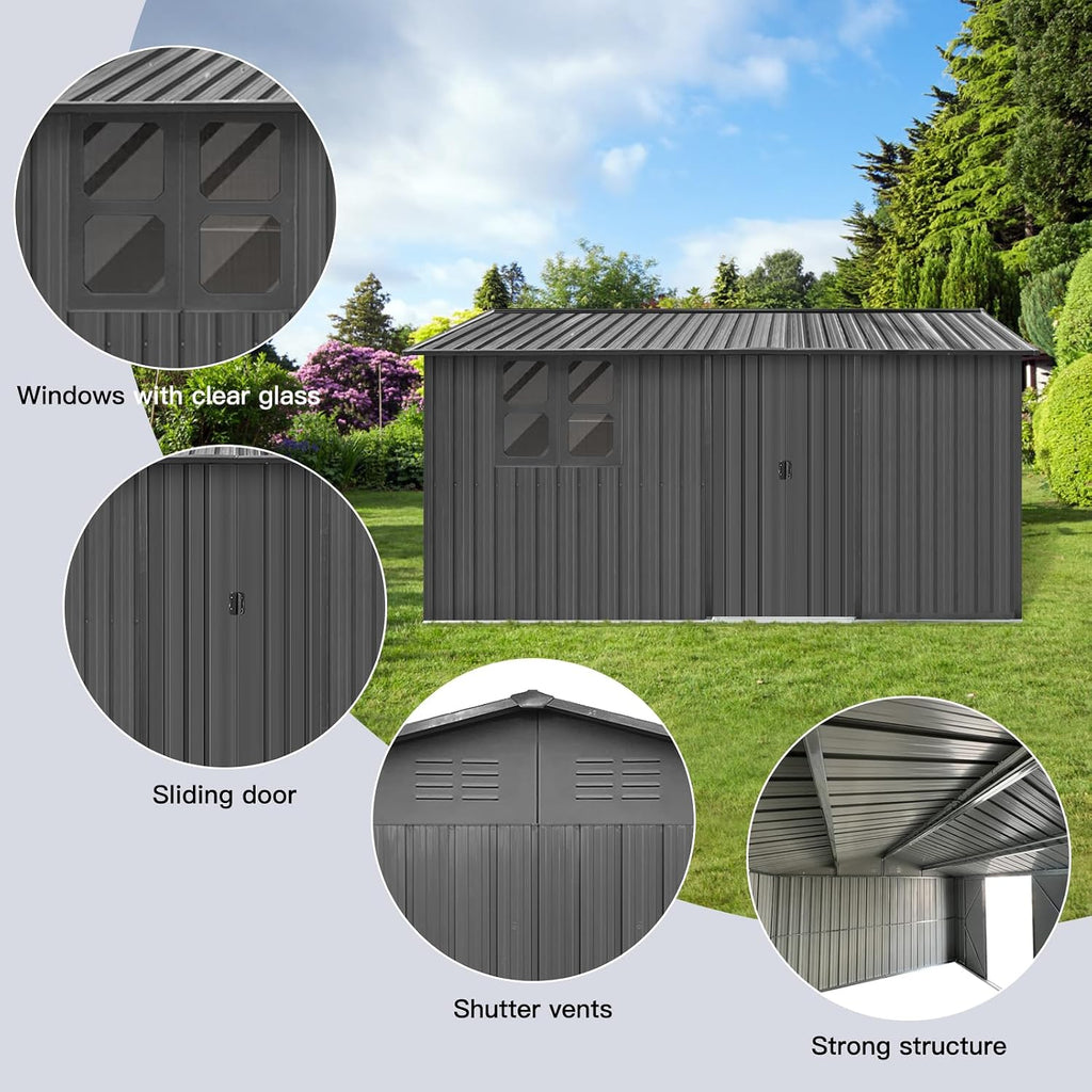 10ft x 12ft Metal Storage Shed - Outdoor Garden Shed with Sliding Door and Window, Large Bike Storage Container House, Sheds Outdoor Storage Solutions