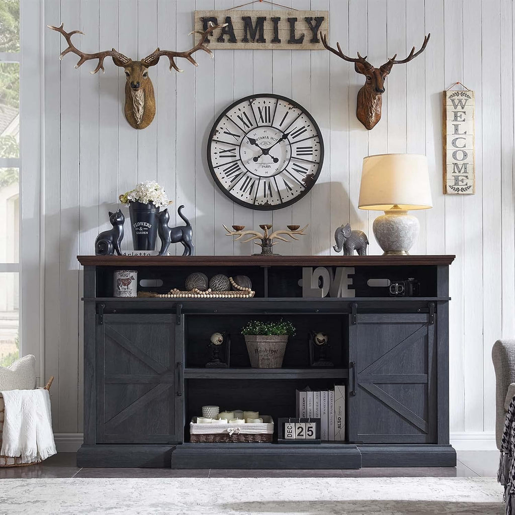 Farmhouse TV Stand for 80 Inch TVs, 37.4'Tall Entertainment Center w/Storage Cabinets and Sliding Barn Door, Media Console Cabinet w/Soundbar & Adjustable Shelves for Living Room, 70 inch (Dark Grey)