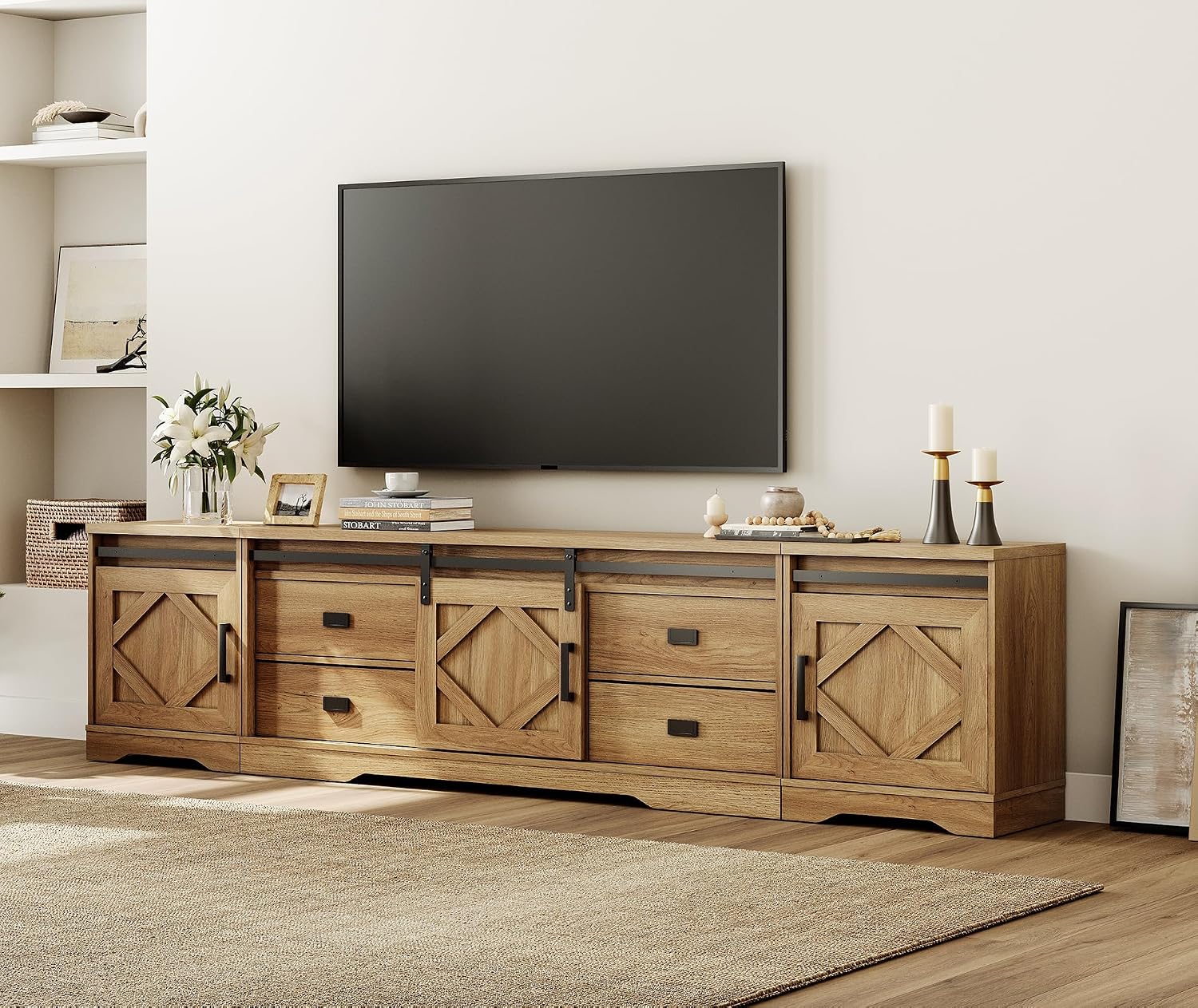 WAMPAT 3-in-1 Modern Farmhouse TV Stand for TVs up to 110',Large Wood Entertainment Center with 4 Drawers and Storage Cabinet for Living Room,Wood Grain Engraving Purposeful Distressing,Vintage Oak