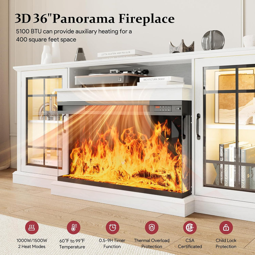MXV 80'' Fireplace TV Stand, Farmhouse Entertainment Center with 3 Sided Glass TV Stand, Modern Media Console Table with Storage Drawers & Cabinets with LED Flame and Lights for Living Room, White