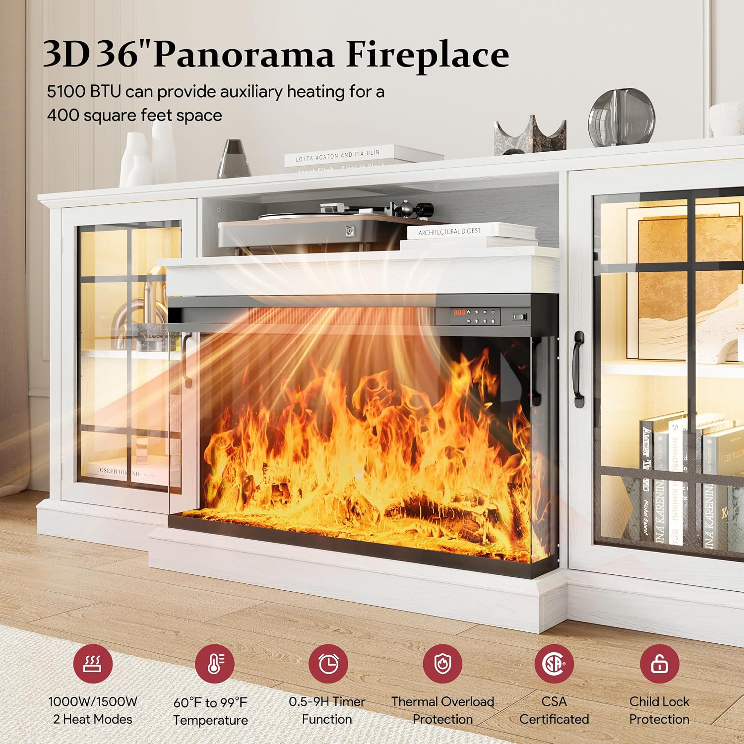 MXV 80'' Fireplace TV Stand, Farmhouse Entertainment Center with 3 Sided Glass TV Stand, Modern Media Console Table with Storage Drawers & Cabinets with LED Flame and Lights for Living Room, White
