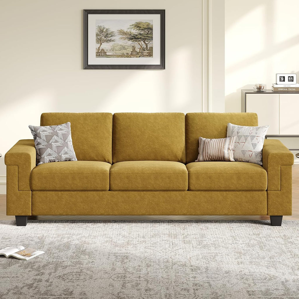 COPIAE 3 Seater Sofa Couch with Deep Seat, 90' Modern Upholstered Sofa with Armrests, Easy Installation, Comfy Couches for Living Room, Apartment, Yellow