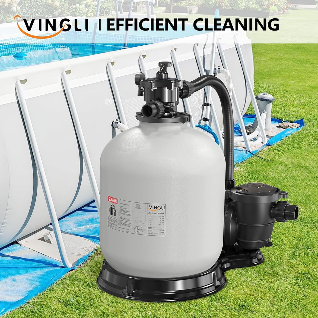 VINGLI 24 in Sand Filter Pump, 4227 GPH 1.5 HP Commercial Grade Heavy Duty Pool Filter Pump with 7-Way Valve for Large Above Ground & Inground Pools Up to 20000 Gallons