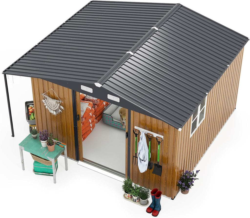 KEIKI 10x12 FT Outdoor Storage Shed, Extra Large Metal Shed with Lockable Doors, Windows, Outside Steel Tiny House Ideal for Garden, Backyard, Patio Utility, Tool Storage, Chicken Coops, Yellow