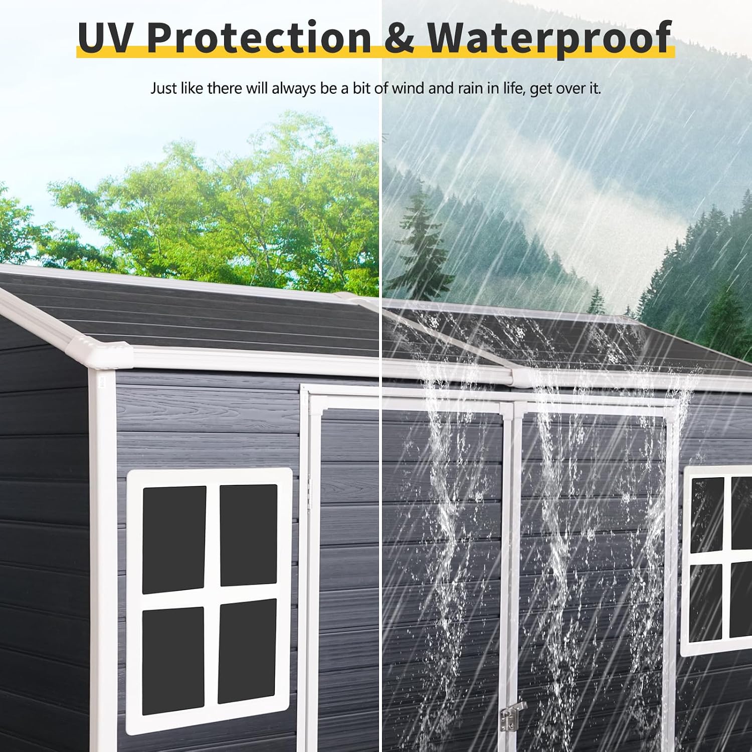 8x4ft Resin Outdoor Storage Shed: Double Doors & Two Windows, Heavy-Duty Plastic Shed with Floor, Waterproof UV-Proof Garden Tool Storage for Backyard, Patio, Yard, Lawn