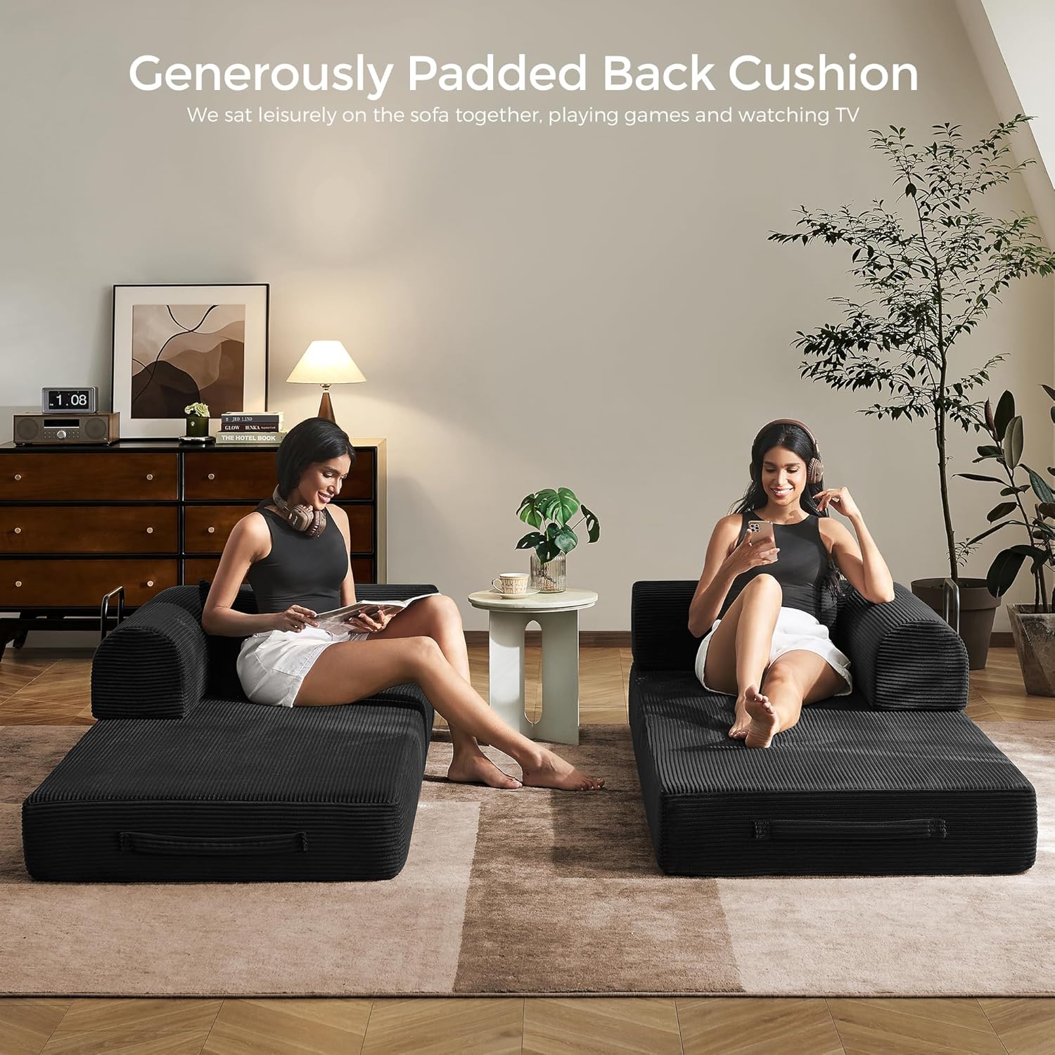 79' Convertible Sofa Bed with Fixed-Shape Frame & Removable Armrests, Modular Corduroy Sleeper Sofa, Folding Mattress Couch for Small Spaces - No Assembly Needed in Black (Includes 2 Pillows)